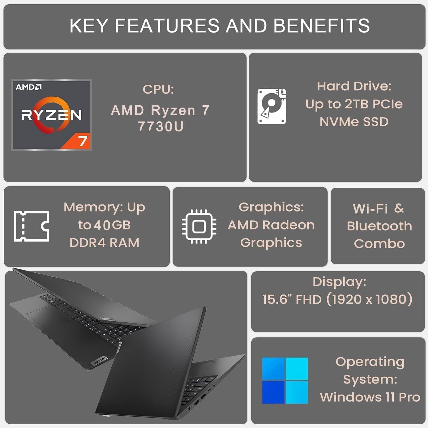 V-Series V15 Business Laptop, 15.6" FHD Display, AMD Ryzen 7 7730U, 40GB RAM, 1TB SSD, Numeric Keypad, HDMI, RJ45, Webcam, Wi-Fi, Windows 11 Pro, Black