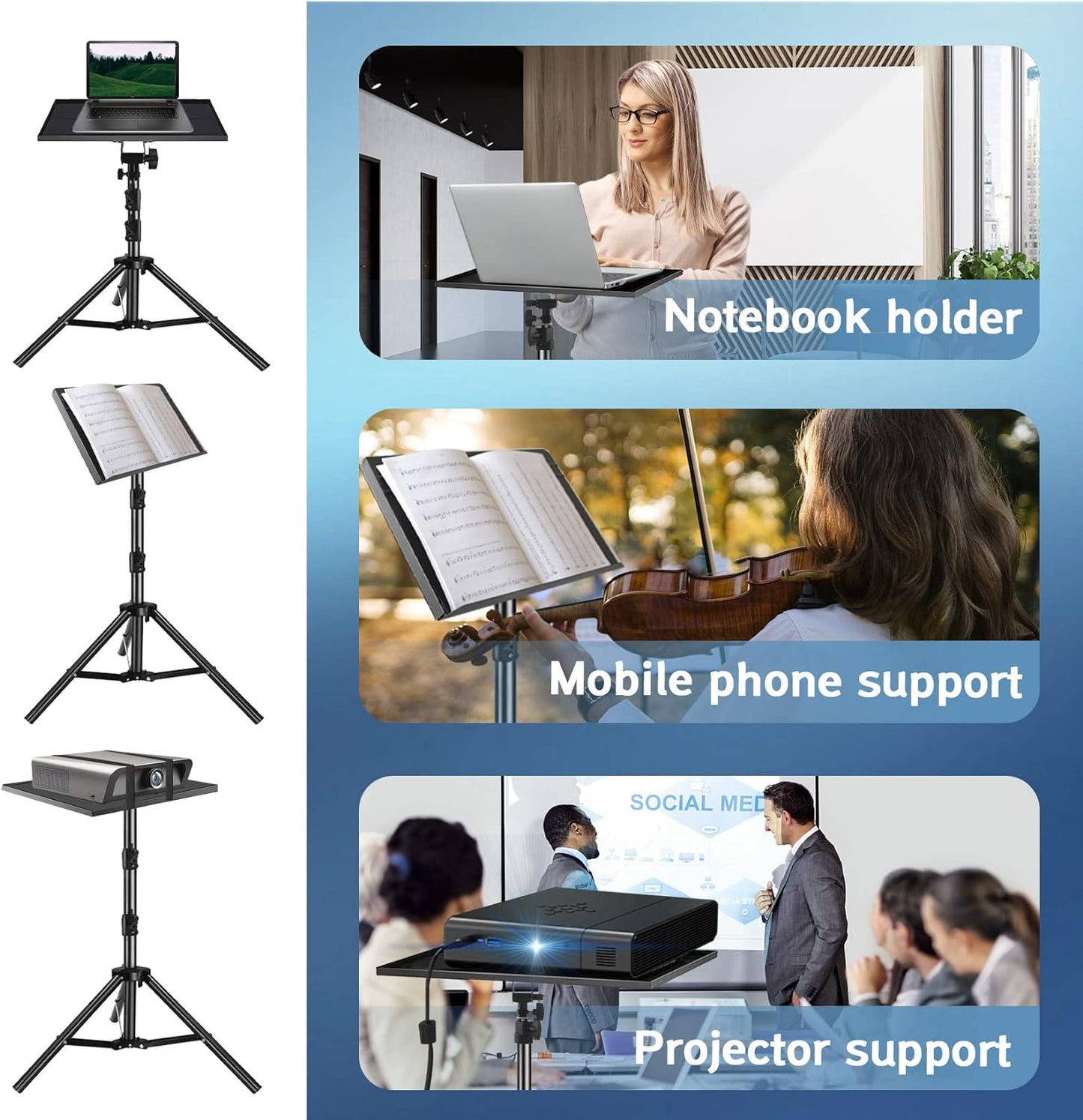 Projector Stand, 22 to 55 Inch Laptop Stand with Phone Holder, Tripod for DJ Equipment, Outdoor Movies, Office, Home, Stage or Studio (Black)