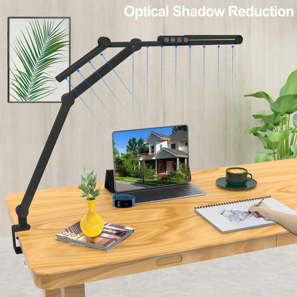 Led Desk Lamp with Clamp, Architect Desk Lamp for Home Office with Atmosphere Lighting, 24W Ultra Bright Auto Dimming Computer Light Stepless Dimming and Tempering LED Table Light