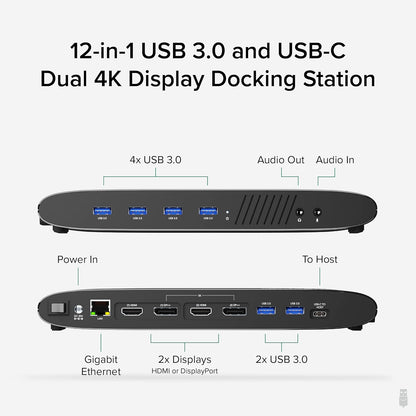 Universal Laptop Docking Station, 4K Dual Monitor, Displayport or HDMI, Windows Mac or Chromeos Laptops, USB-C or USB 3.0, Adds 2 Displays, Ethernet, Audio, 6 USB Ports
