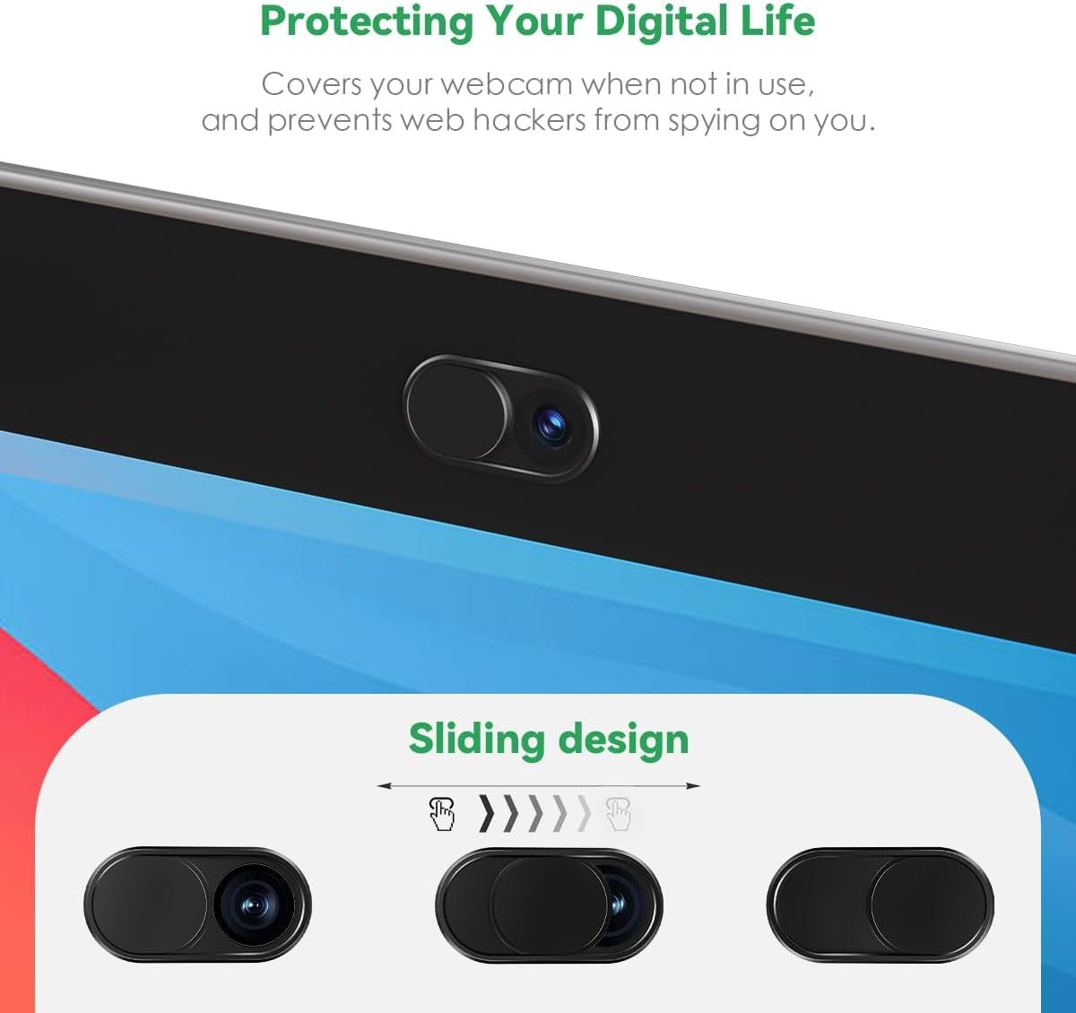Webcam Cover Slide[2-Pack], 0.023 Inch Ultra-Thin Metal Web Camera Cover for Macbook Pro, Imac, Laptop, PC, Ipad Pro, Iphone 8/7/6 Plus, Protect Your Visual Privacy [Black]
