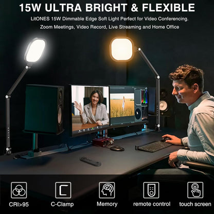 Video Conference Light for Computer, Dimmable Zoom Lighting for Video Calls, Meeting, Laptop & Webcam, 15W Ring Light with C- Clamp,Swing Arm, Remote, Memory & Timer CRI >95