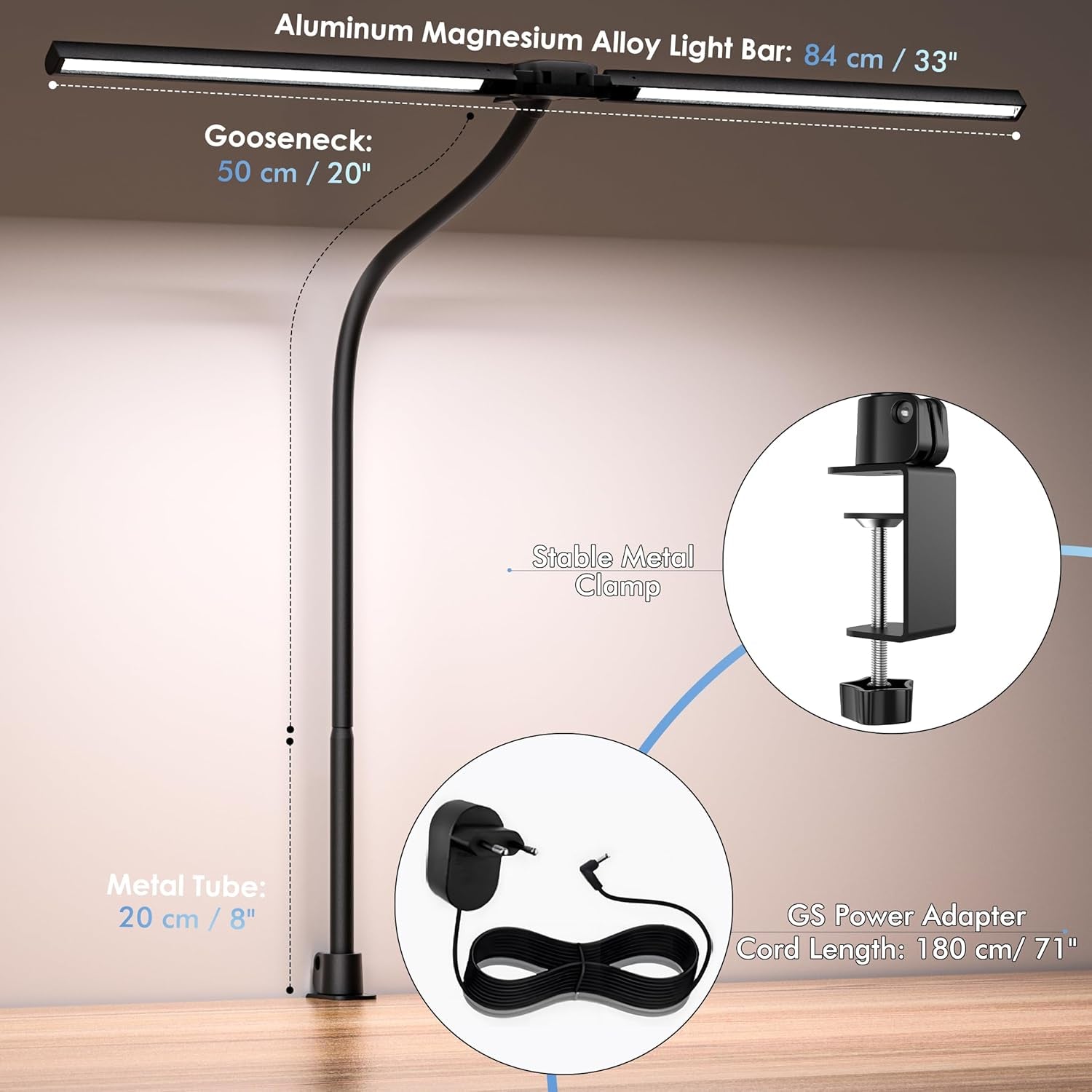 Desk Lamp with Clamp, 31.5" LED Desk Lamp for Home Office, 24W Gesture Sensing Control Desk Light, Dimmable & Color Temperature, Eye-Caring Office Lamp, Brightest Architect Lamp for Screen