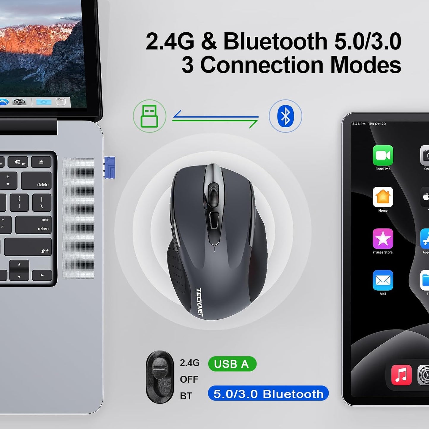 Wireless Mouse (BT5.0/3.0 & 2.4G) Rechargeable 4800 DPI Silent USB a & Bluetooth Mouse 6 Buttons, Wide Compatibility - Grey