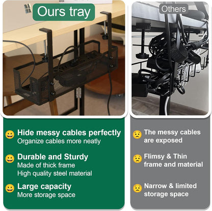 No Drill under Desk Cable Management Tray with Clamp-Premium Wire Tray Cord Organizer – Thin Steel Cable Tray Basket with Charger Holder for Desk–Black Cable Management Box–Easy to Install