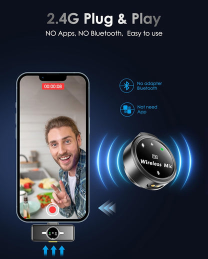 Wireless Lavalier Microphone for Iphone/Android, Lapel Mics with USB-C Plug-Play, Mini Mic with 2.4Ghz Noise Cancellation, Charging Case Included, 300Ft Range for Stream, Vlog, Tiktok and Youtube