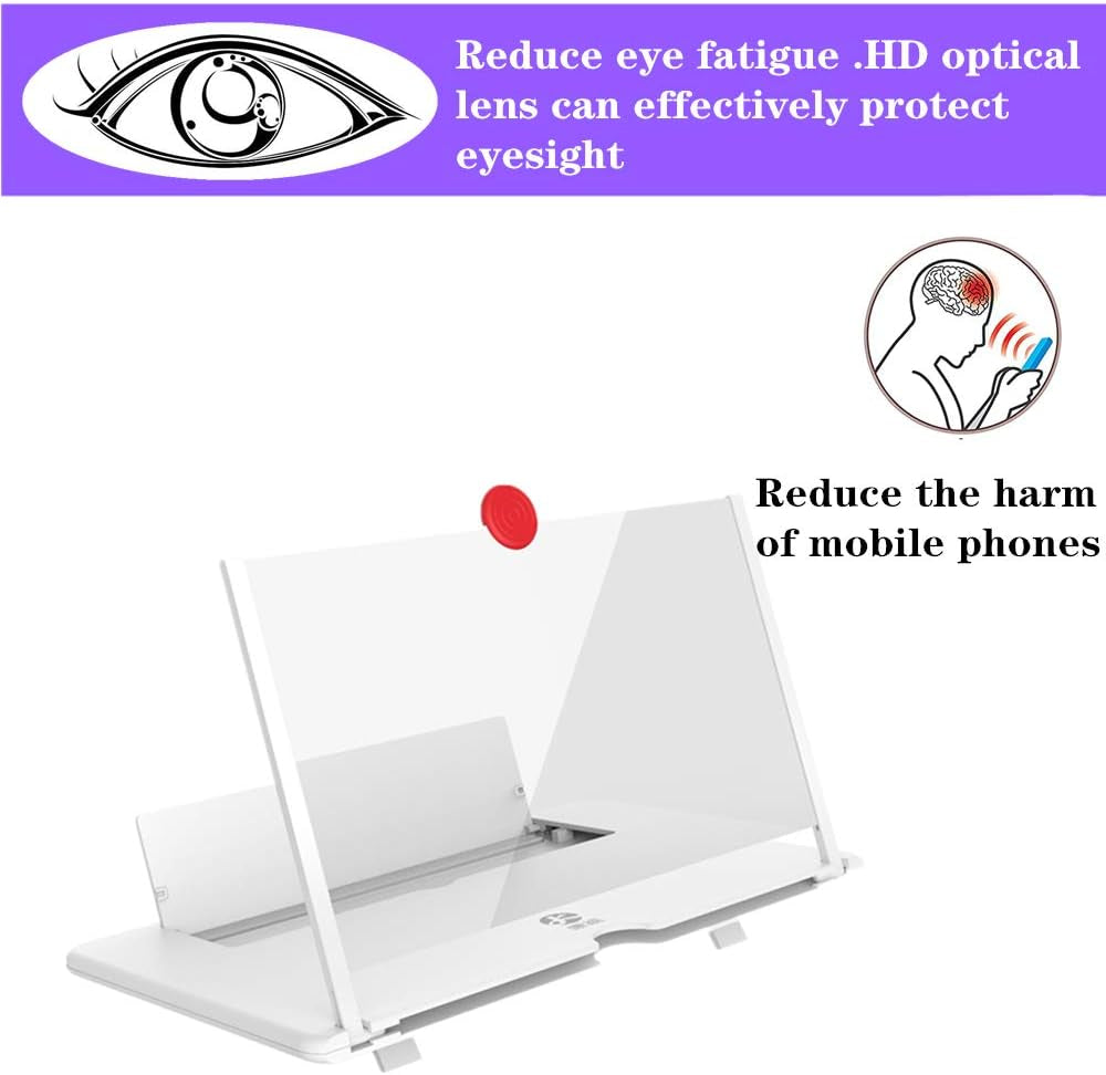 3D Screen Magnifier Amplifier, HD Amplifier Projector for Movies, Videos and Games. Foldable Phone Stand with Screen Amplifier for All Smartphones (White)