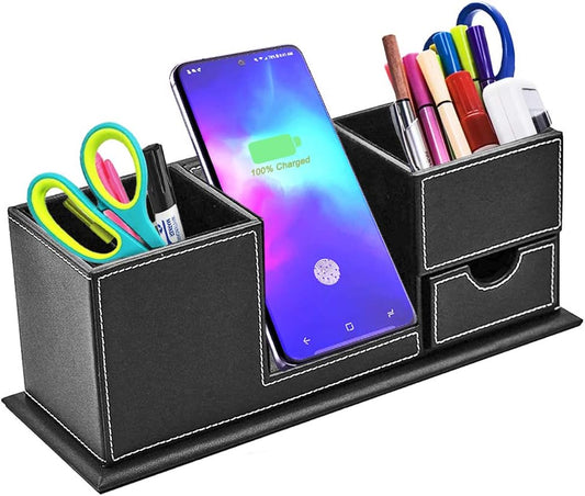 Pen Holder with Fast Wireless Charger, Cell Phone Stand Desktop Organizer, for Iphone 14/13/12/11/8/SE Series and Qi-Enabled Devices, Home Office Organizers for Desk.