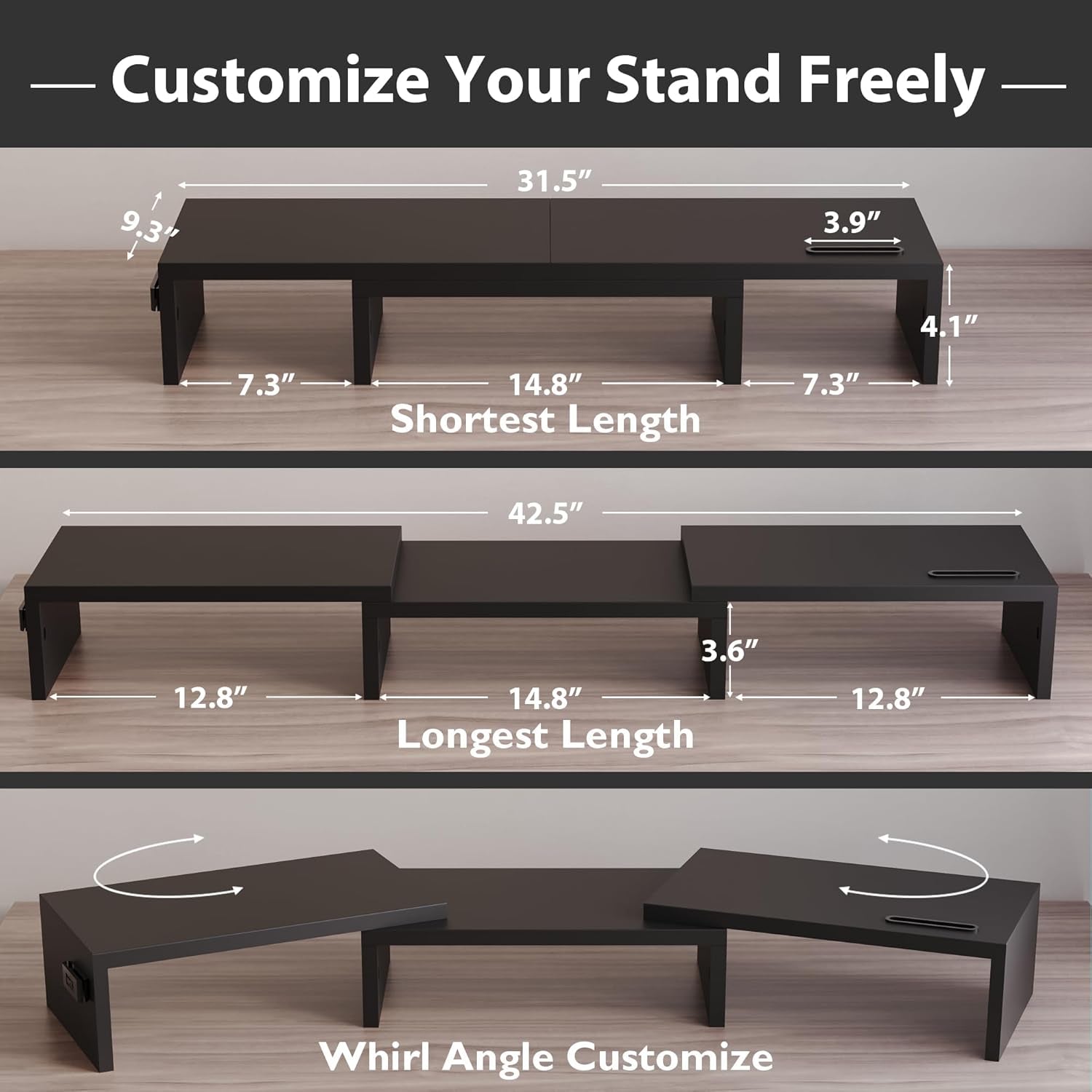 Dual Monitor Stand Riser with Smartphone Holder, Adjustable Length & Swivel Angle, Ergonomic Wooden Desktop Organizer for PC Monitor, Laptop, Printer, Large Storage, Black