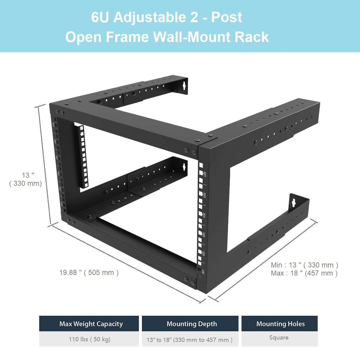 6U Wall Mount Open Frame Rack-19 Inch Server Equipment Rack- Adjustable Depth 13-18 Inches 2 Post Open Frame Cabinet- Black (6U13-18Ind)