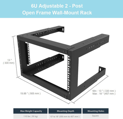 6U Wall Mount Open Frame Rack-19 Inch Server Equipment Rack- Adjustable Depth 13-18 Inches 2 Post Open Frame Cabinet- Black (6U13-18Ind)