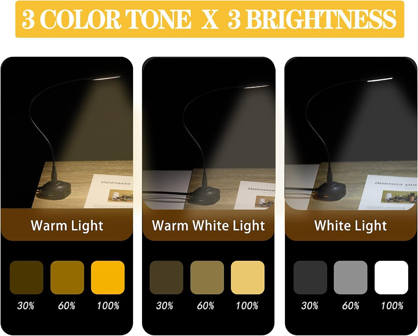 USB Laptop Light with Adjustable Gooseneck, 3 Color X 3 Brightness + 3 Mini LED Lights