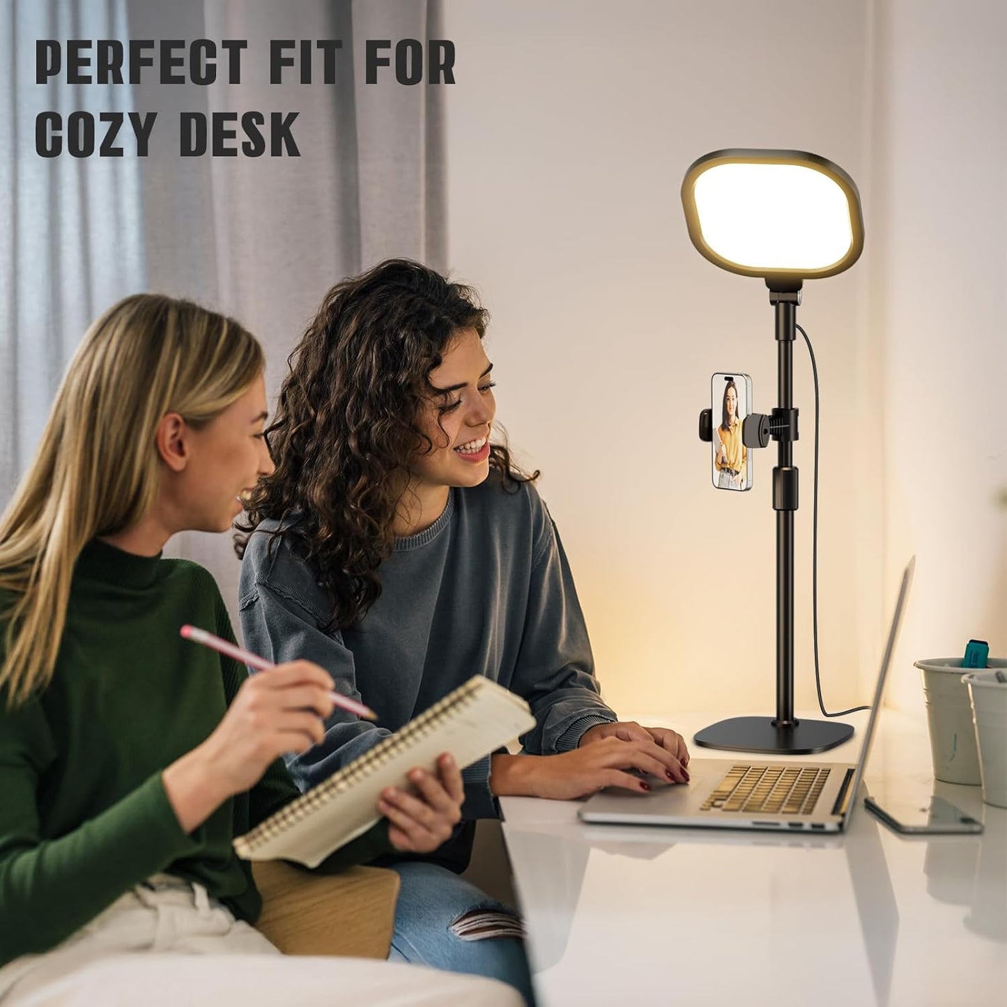 Desk Ring Light with Stand and Phone Holder, 3000K-6500K Dimmable Computer Ringlight for Laptop, Video Conference Light for Zoom Meeting, Video Calls, Webcam, Desktop Light for Video Recording