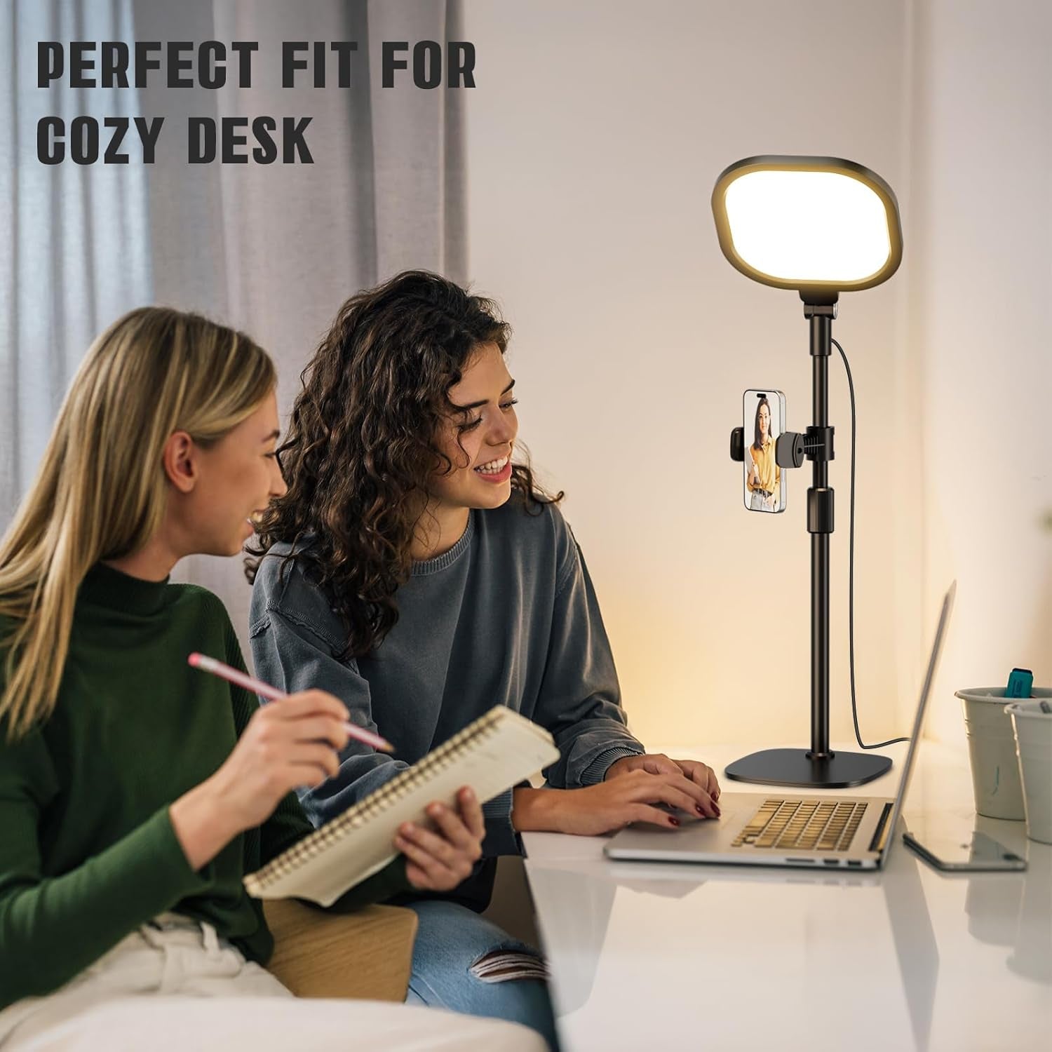 Desk Ring Light with Stand and Phone Holder, 3000K-6500K Dimmable Computer Ringlight for Laptop, Video Conference Light for Zoom Meeting, Video Calls, Webcam, Desktop Light for Video Recording