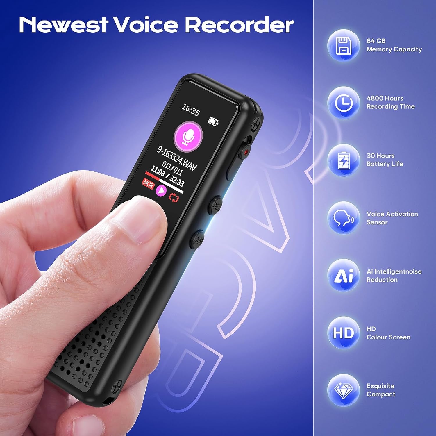 64GB Voice Recorder - Upgraded Digital Voice Activated Recorder with AI Noise Reduction Technology, Dictaphone Tape Recorder Device with Playback for Lectures Meetings/Classes/Interview