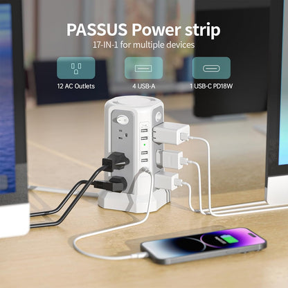 Surge Protector Power Strip Tower with USB C Port(Pd18W),10Ft Extension Cord with 12 AC Outlets 5 USB Charging Ports,  Power Tower Surge Protection for Home Office Dormroom