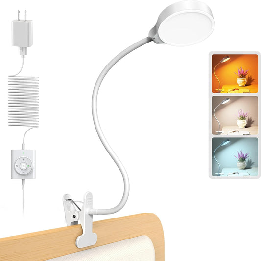 5W Clip on Light, 36 LED Eye Caring Reading Light for Bed, 3 Colors & 5 Brightness Clip on Lamp with Adapter, Perfect Reading Light for Bed Lamp/Bunk Bed Light