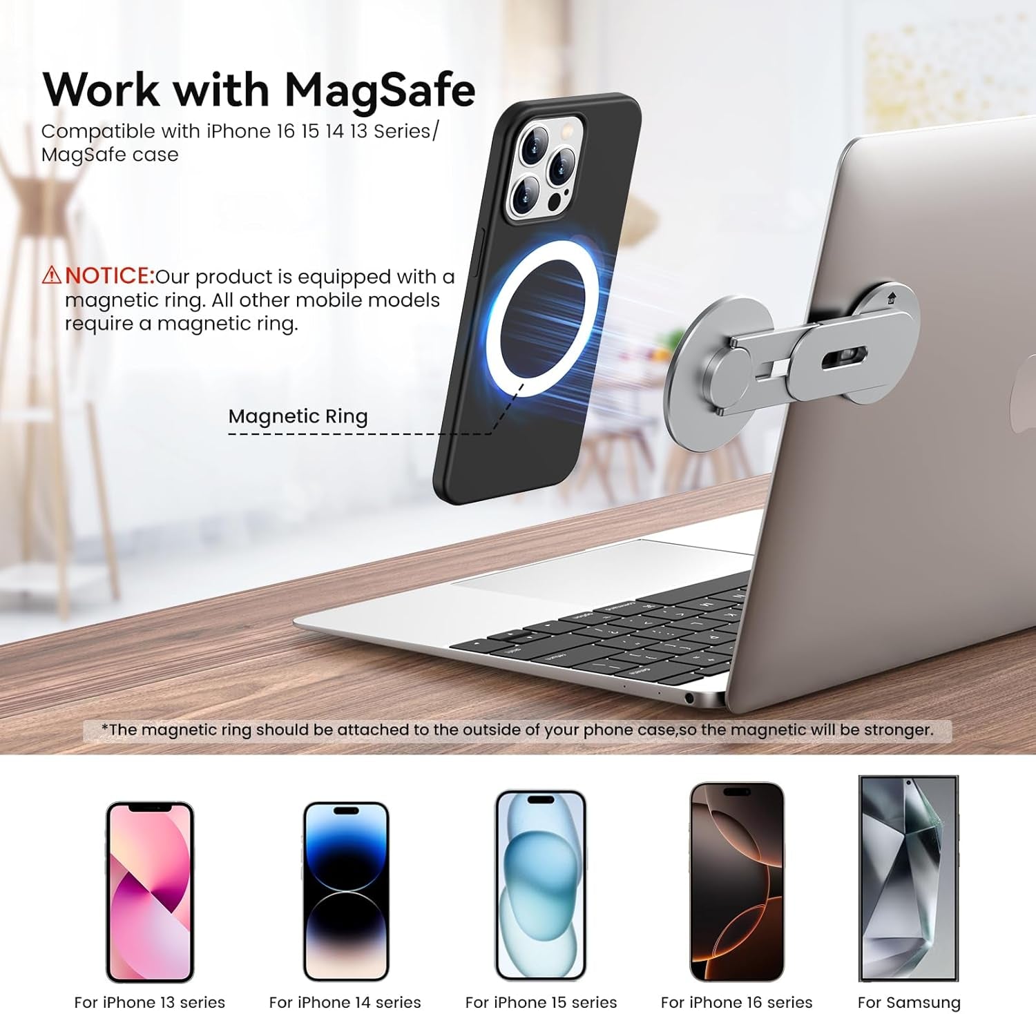 Magnetic Phone Holder for Laptop for Magsafe for Iphone 17/16/15/14/13/12 & All Phones, 180°Adjustable Phone Side Mount for Computer Monitor for Tesla, Desktop Cell Phone Bracket, Gray