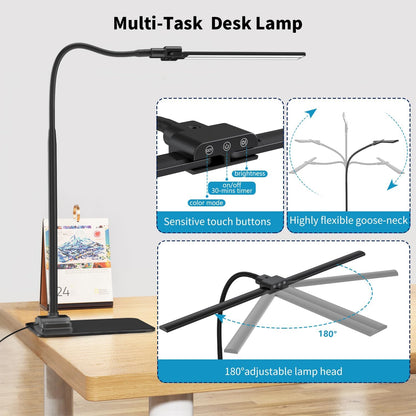 Desk Lamp Double Light: Bright Led Desk Lights for Home Office - Eye Care Reading Table Lamps with Base - Dimmable Desktop Lighting for Computer Monitor Study Drafting