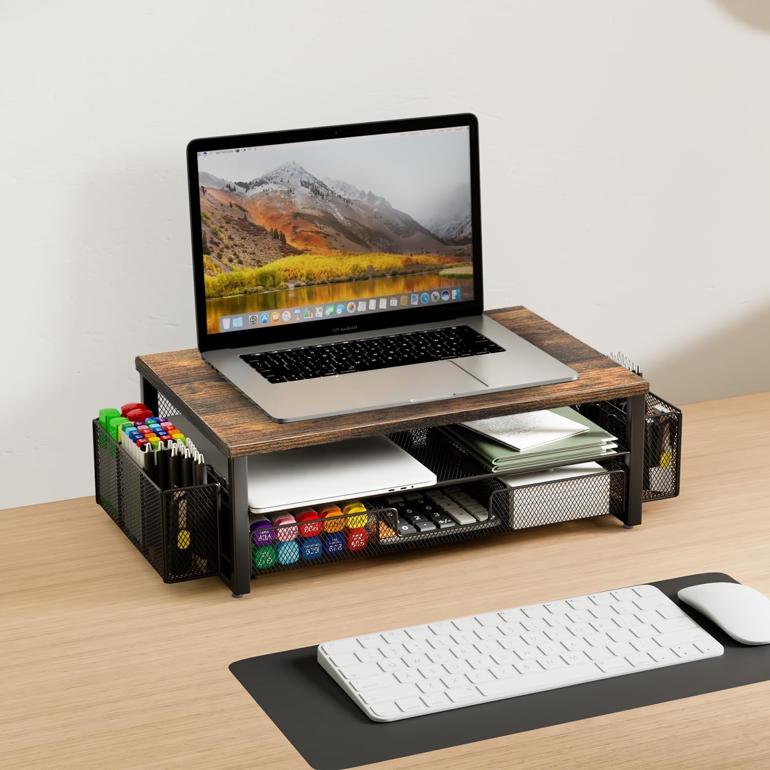 Monitor Stand Riser, Desk Organizer with Drawer and Pen Holder, 2-Tier Computer Stand, Office Desk Accessories, Office Organization (Wood)