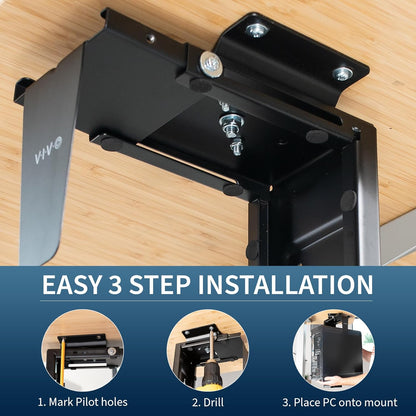 Adjustable under Desk and Wall PC Mount, Computer Case CPU Holder with Swivel Action and Secure Locking, Black, MOUNT-PC01