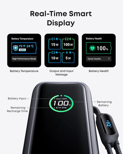Laptop Power Bank, 25,000Mah Portable Charger with Triple 100W USB-C Ports for Multi-Device Charging, Built-In and Retractable Cables, for Iphone 16/15 Series, Macbook, Samsung, and More