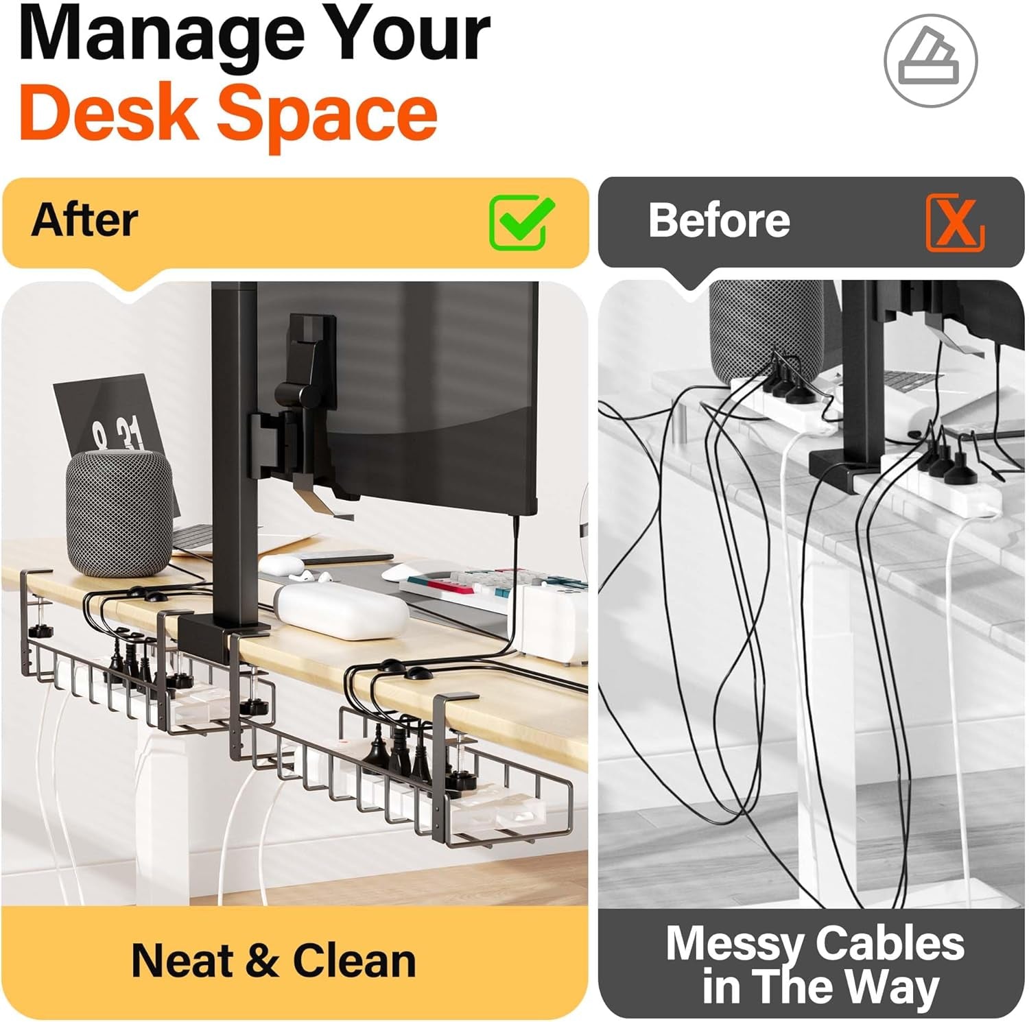 2 Pack Cable Management under Desk Tray, 31.4" No Drill under Desk Wire Management with Upgraded Clamp, Metal Cord Organizers for Desk with Cable Organizers, PC Cable Management Rack, Black