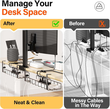 2 Pack Cable Management under Desk Tray, 31.4" No Drill under Desk Wire Management with Upgraded Clamp, Metal Cord Organizers for Desk with Cable Organizers, PC Cable Management Rack, Black