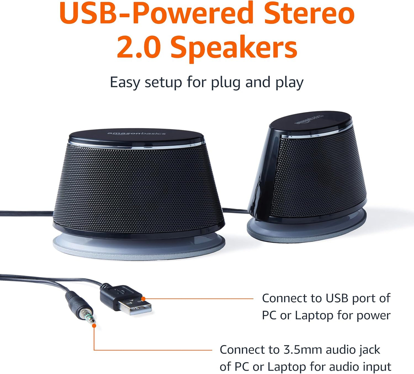 Stereo 2.0 Speakers for PC or Laptop, 3.5Mm Aux Input, Usb-Powered, 1 Pair, Black