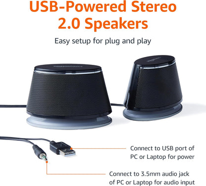 Stereo 2.0 Speakers for PC or Laptop, 3.5Mm Aux Input, Usb-Powered, 1 Pair, Black
