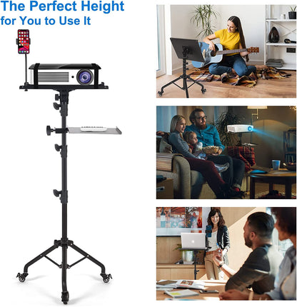 Laptop Tripod on Wheels with 2 Shelves, Portable Projector Floor Stand Adjustable Height 25.9 to 51.8 Inch with Phone Holder