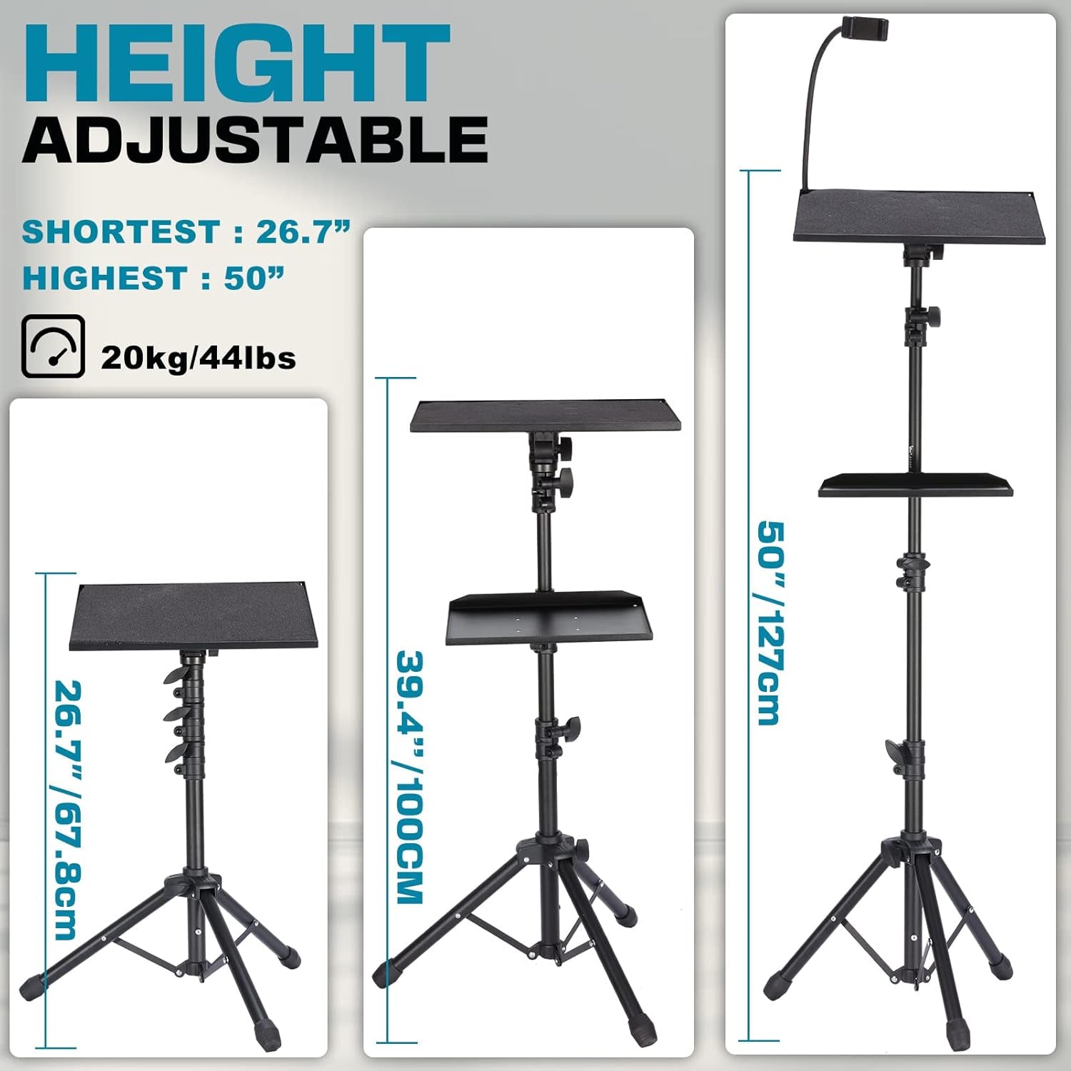 Projector Tripod Stand, 50” Laptop Stand with 2 Shelves for Projector, Ipad, DJ Equipment, Portable Adjustable Floor Stand with Gooseneck Phone Holder for Office, Home, Stage or Studio