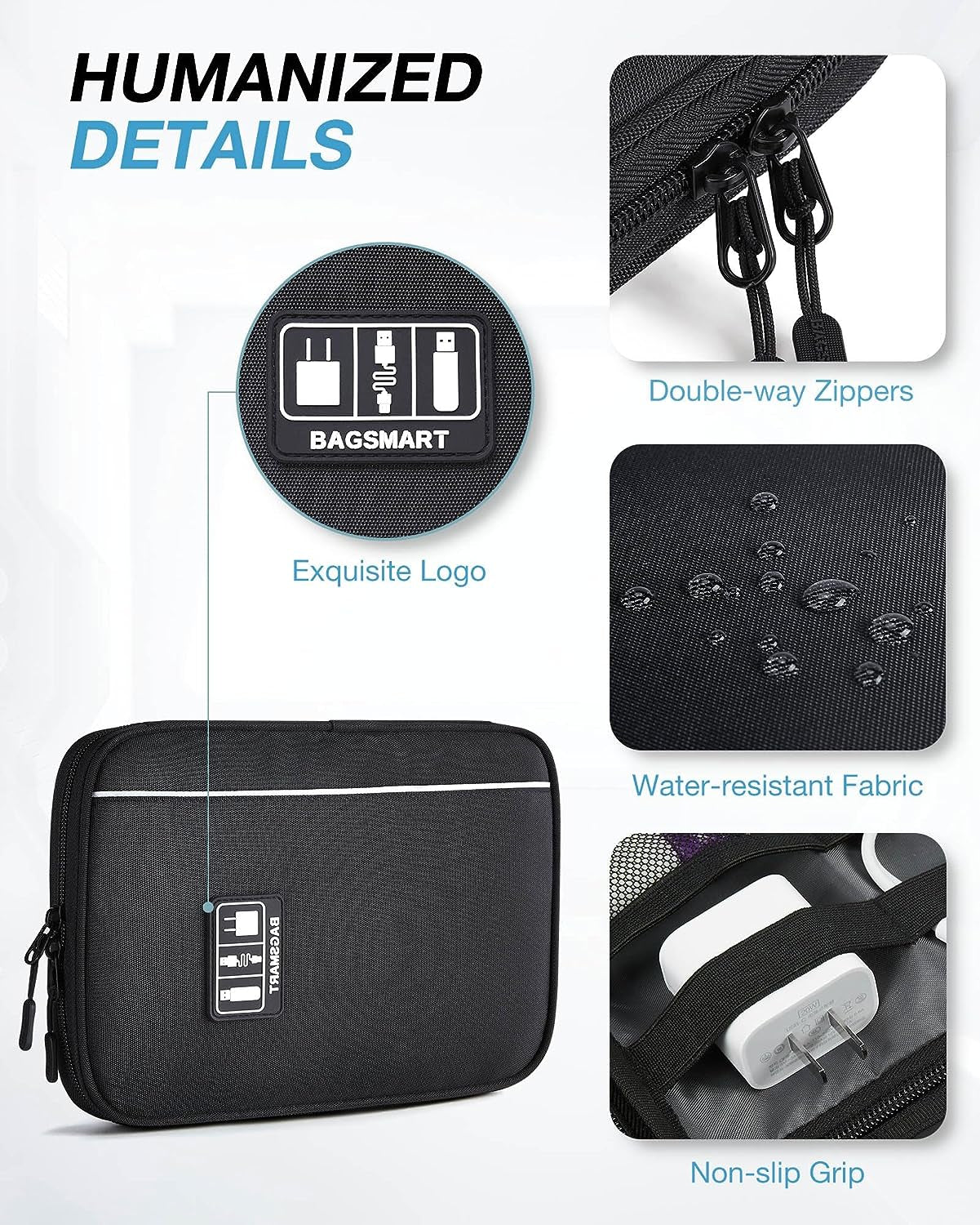 Electronics Travel Organizer Case, Tech Accessories Cord Storage Bag for Phone, Power Bank, SD Card, Cables, Black
