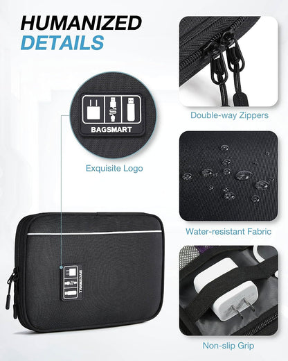 Electronics Travel Organizer Case, Tech Accessories Cord Storage Bag for Phone, Power Bank, SD Card, Cables, Black