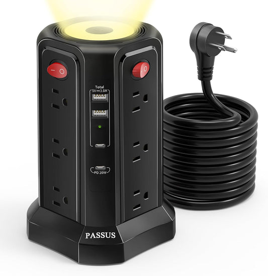 Long Surge Protector Power Strip 16 FT Cord, PD20W USB C Power Strip Tower with Night Light, Extension Cord with Multiple Outlets with 4 USB Ports,  Charging Station Home Office Essentials Black