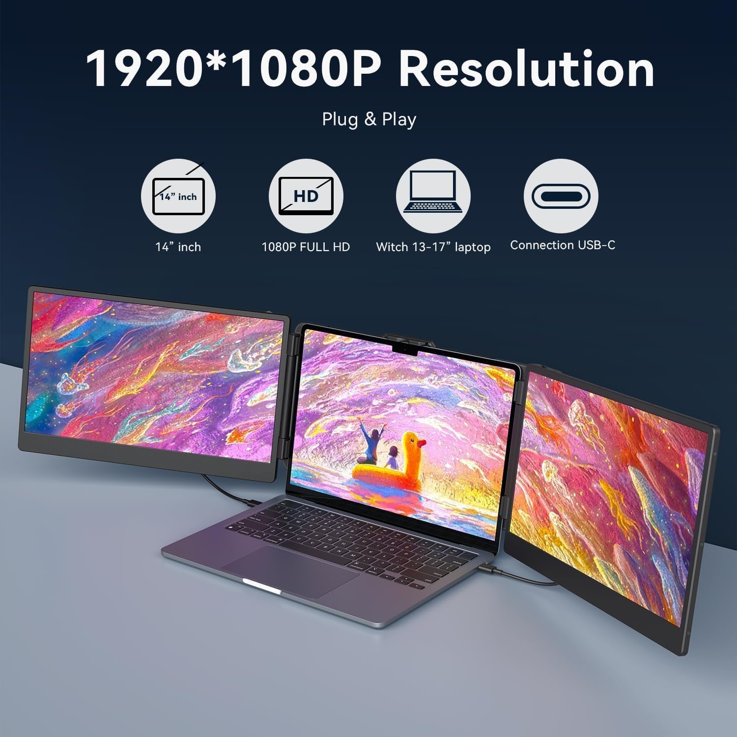 14’’ Triple Laptop Screen Extender, 1080P FHD Portable Dual Monitor for Laptop USB C HDMI, Plug-Play Laptop Monitor Extender for Triple Display for Mac/Windows, Fit 13”-17.3” Laptops
