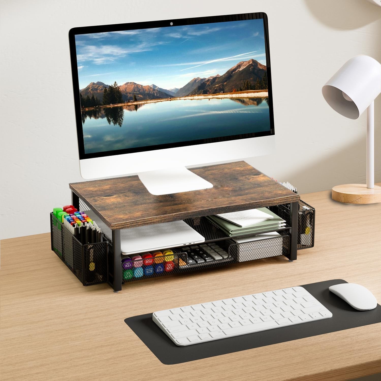 Monitor Stand Riser, Desk Organizer with Drawer and Pen Holder, 2-Tier Computer Stand, Office Desk Accessories, Office Organization (Wood)