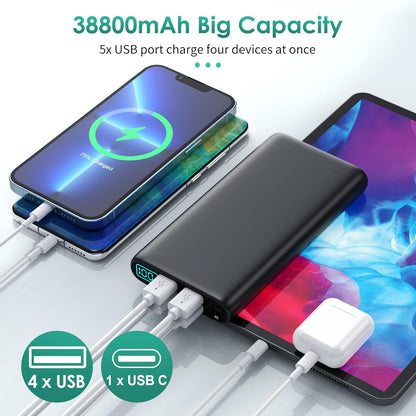 Portable Charger 38800Mah,Lcd Display Power Bank,5 USB Outputs Battery Pack Backup, USB-C In&Out Dual Input Phone Charging Compatible with Iphone 16/15/14/13 Pro/12,Android Samsung Galaxy Pixel Nexus