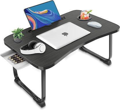 Portable Foldable Lap Desk with Storage Drawer and Cup Holder - Laptop Bed Stand Tray Table for Eating, Reading and Working