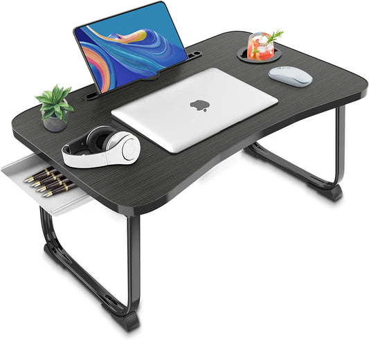 Portable Foldable Lap Desk with Storage Drawer and Cup Holder - Laptop Bed Stand Tray Table for Eating, Reading and Working
