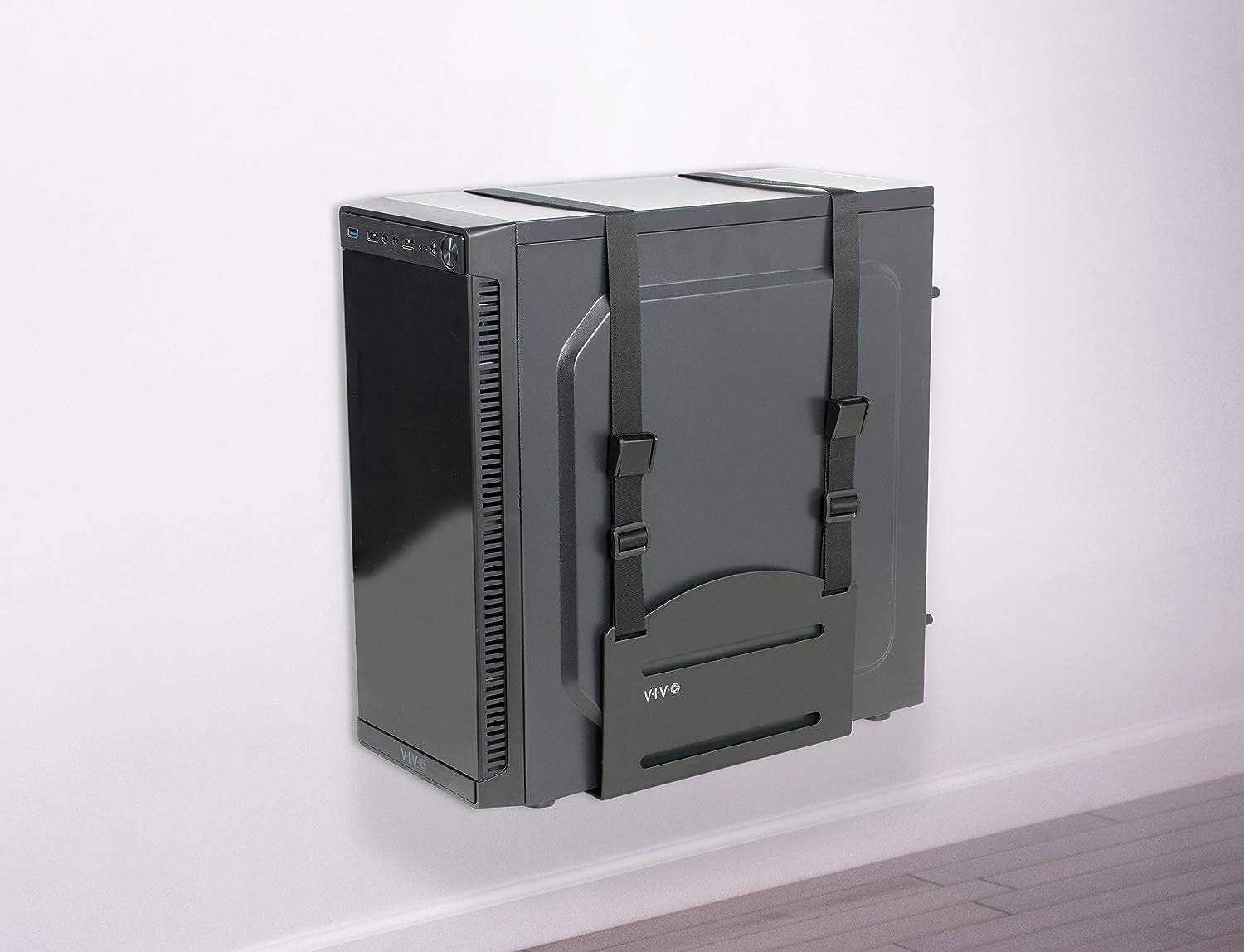 Universal PC Wall Mount, Adjustable Steel Bracket, Computer Case, Open Frame CPU Strap Holder, Black, MOUNT-PC03V