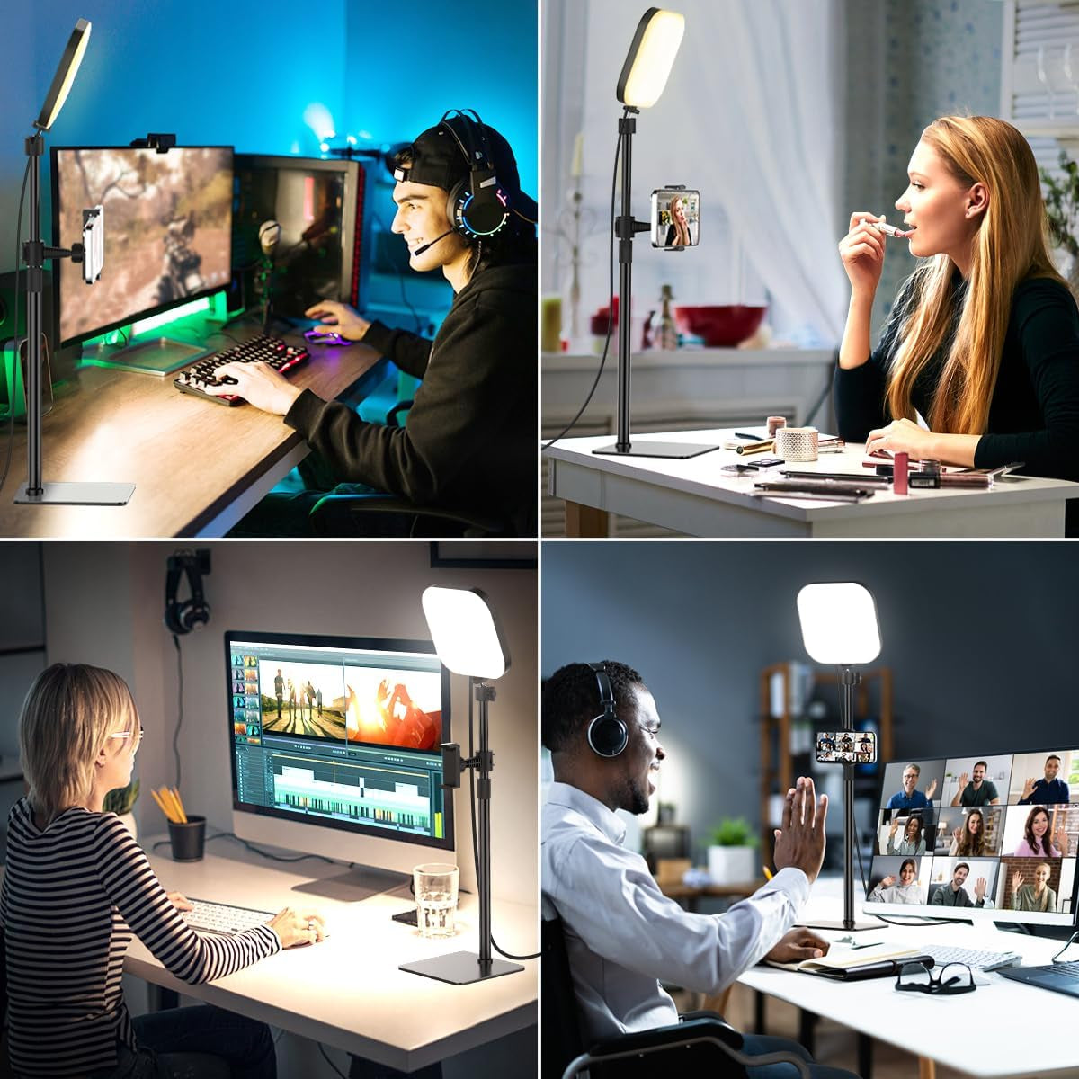 Desk Lamp, 180 LED Video Conferencing Light with Phone Holder [3 Color & 10 Brightness] 360° Adjustable and Retractable USB Lamp with Adapter for Reading, Home Office, Online Meeting, Live Streaming