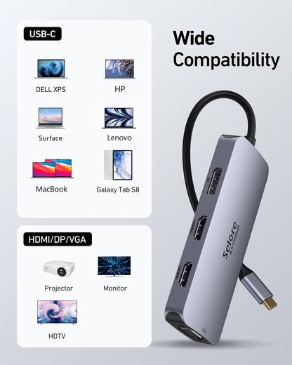 USB C Docking Station Dual HDMI Monitor Adapter, Selore USB C Hub 3 Monitors Adapter with Dual HDMI, Displayport, VGA, 100W PD Charging, 3USB 2.0 Ports Adapter for Dell XPS, HP, Lenovo, Etc