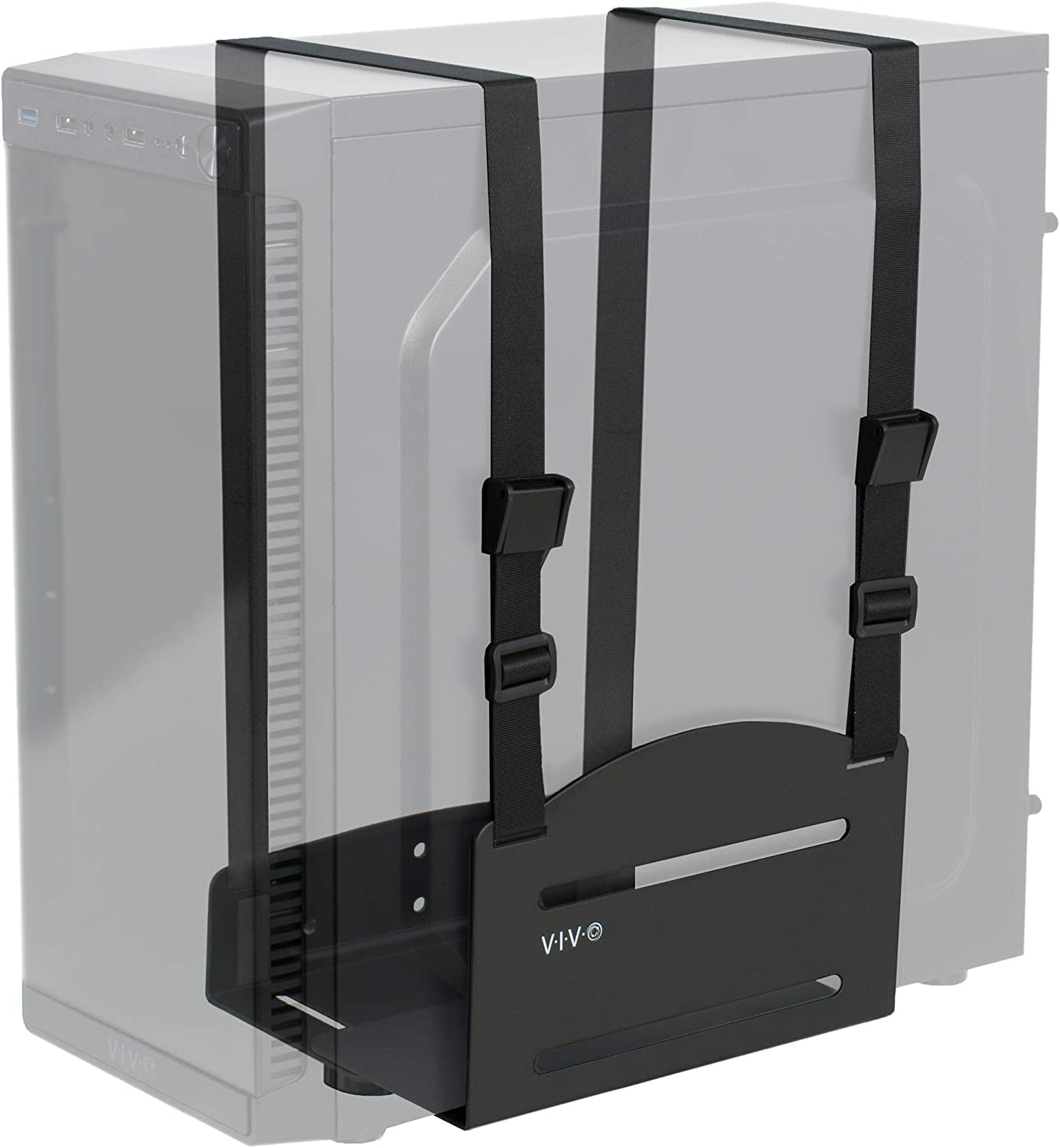 Universal PC Wall Mount, Adjustable Steel Bracket, Computer Case, Open Frame CPU Strap Holder, Black, MOUNT-PC03V
