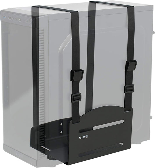 Universal PC Wall Mount, Adjustable Steel Bracket, Computer Case, Open Frame CPU Strap Holder, Black, MOUNT-PC03V