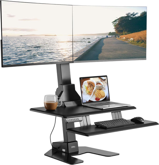 Dual 32" Monitor Electric Standing Desk Converter with Huge Keyboard Tray Extra Large 28"X 16" Spacious Tabletop Motorized Automatic Height Adjustable Sit to Stand Table Sturdy Small Footprint