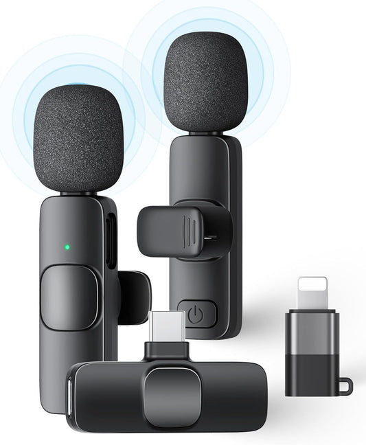 2 Pack Wireless Lavalier Microphone for Iphone Ipad and Android Phone, Lapel Mic Plug and Play Wireless Mic Noise Reduction Microphone for Video Recording Interview Podcast Vlog Youtube Tiktok