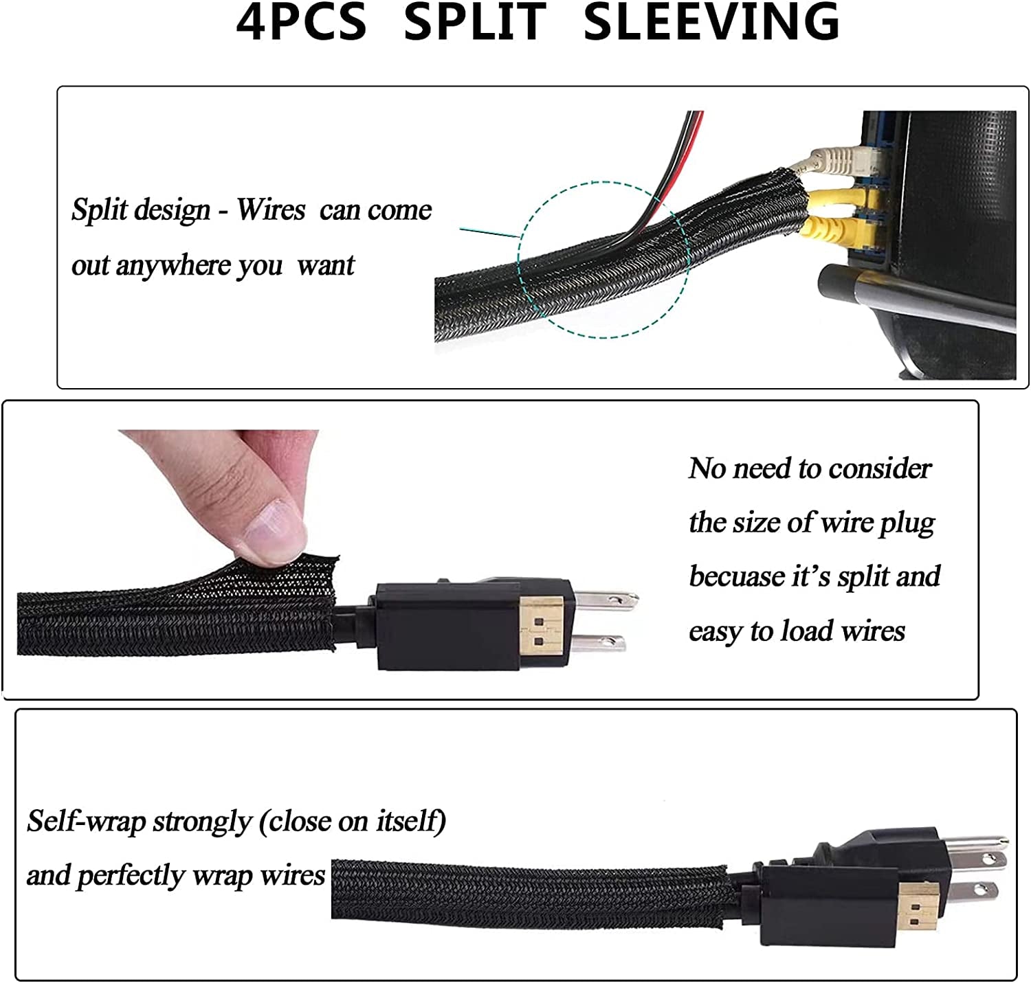 Cord Management Organizer Kit 4 Cable Sleeve Split with 41Self Adhesive Clips Holder, 10Pcs and 2 Roll Self Tie 100 Fastening Ties for TV Office Car Desk Home Black