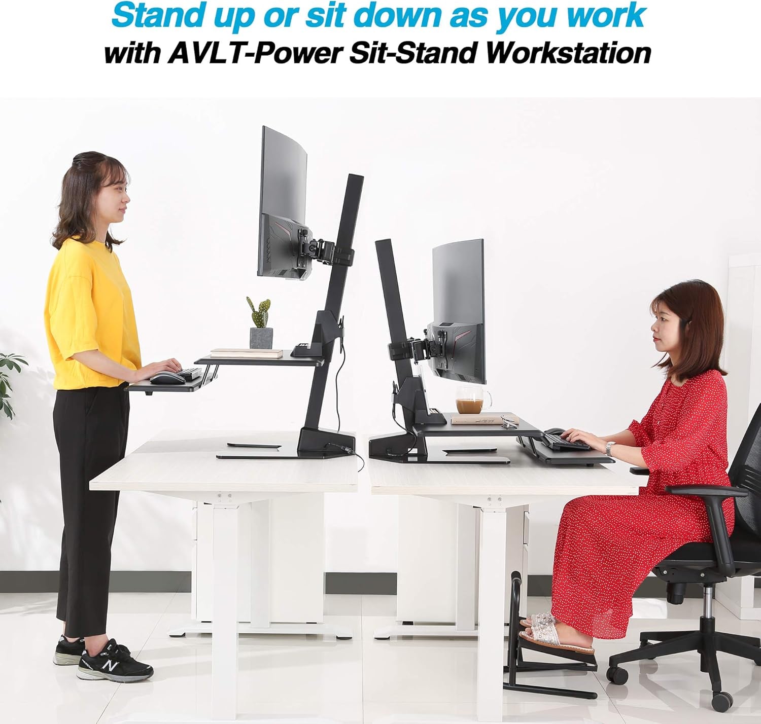 Dual 32" Monitor Electric Standing Desk Converter with Huge Keyboard Tray Extra Large 28"X 16" Spacious Tabletop Motorized Automatic Height Adjustable Sit to Stand Table Sturdy Small Footprint