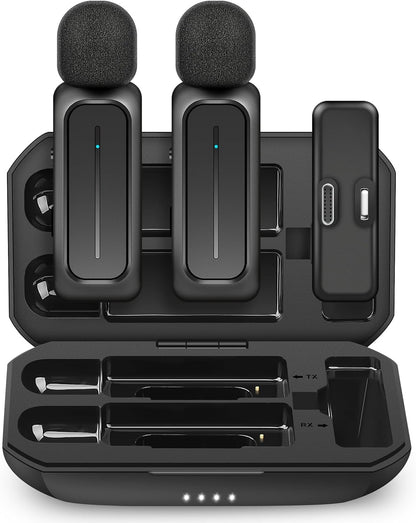 2 Pcs Wireless Lavalier Microphone for Iphone Ipad Android with Charging Case 7H Clip on Lapel Microphone Wireless for Video Recording Vlogging, Youtube, Interview, 3 Mode Denoise, 70Ft